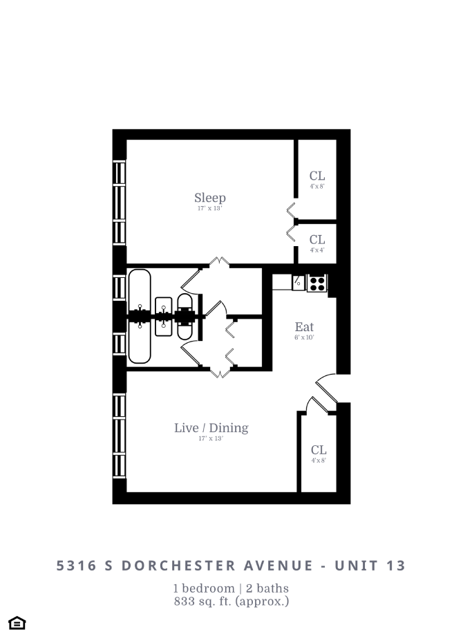 Floor plan for 1 bed, 1 bath, 820 sqft
